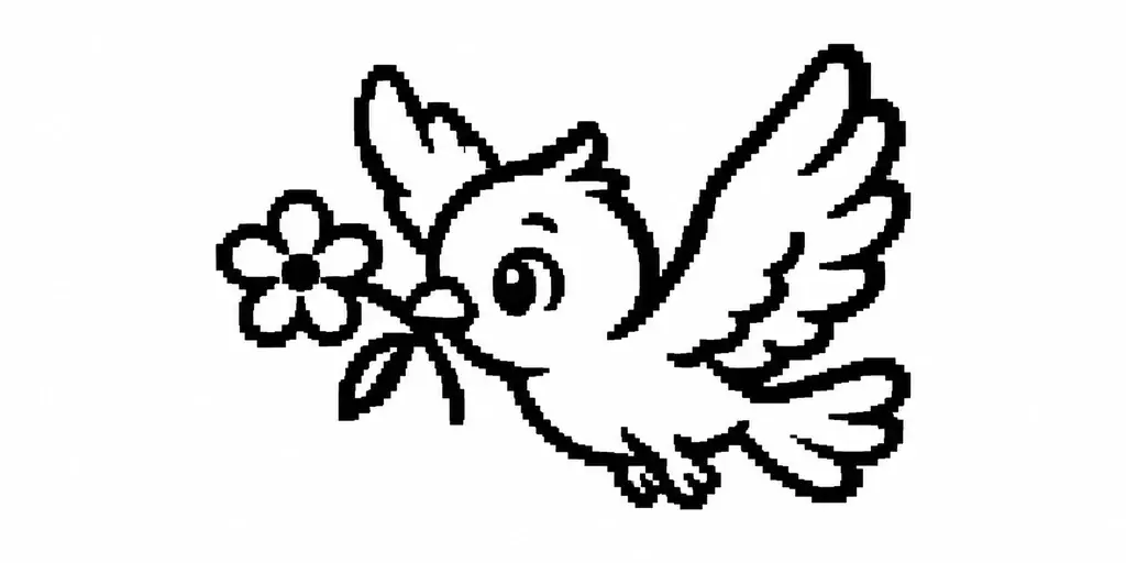 AI-generated pixel art: a bird flying with a flower