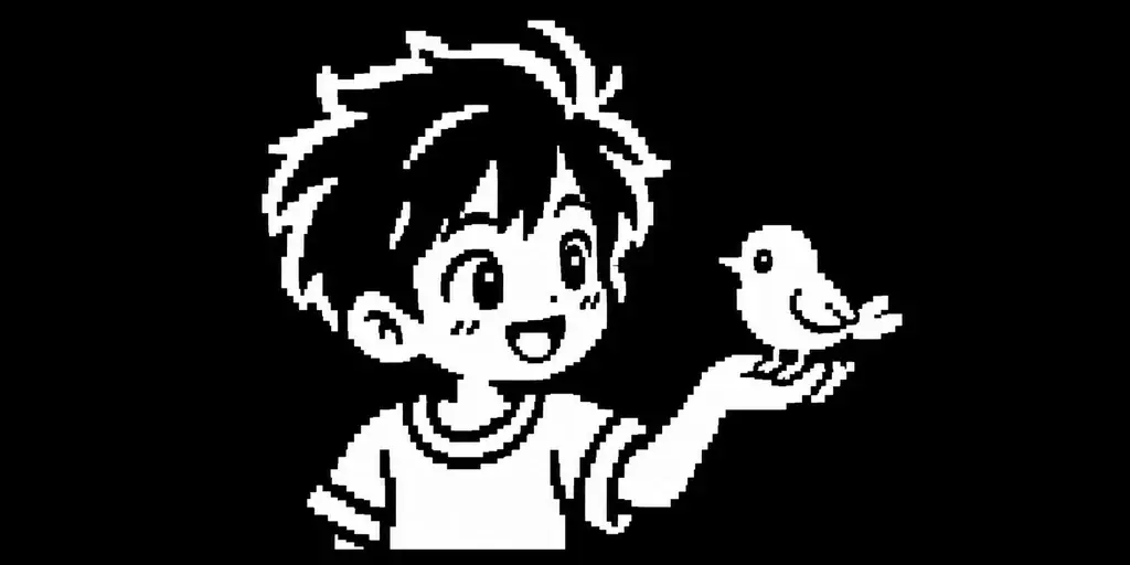 AI-generated pixel art: a boy holding a bird on his hand