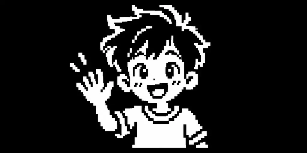 AI-generated pixel art: a happy boy waving