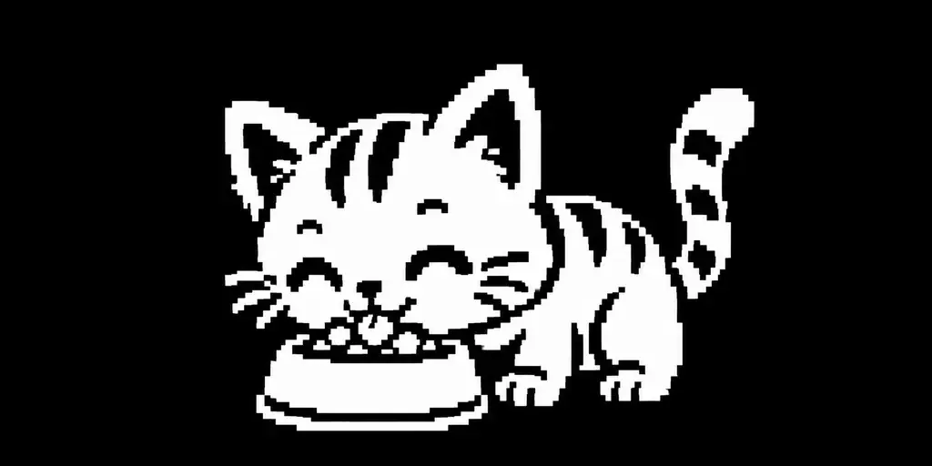 AI-generated pixel art: a cat eating from a bowl