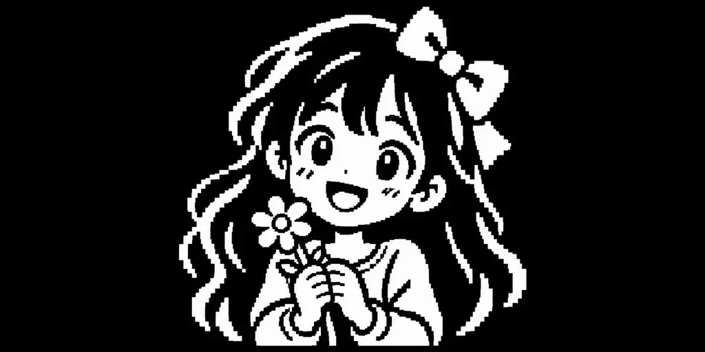 AI-generated pixel art: a girl with long hair holding a flower