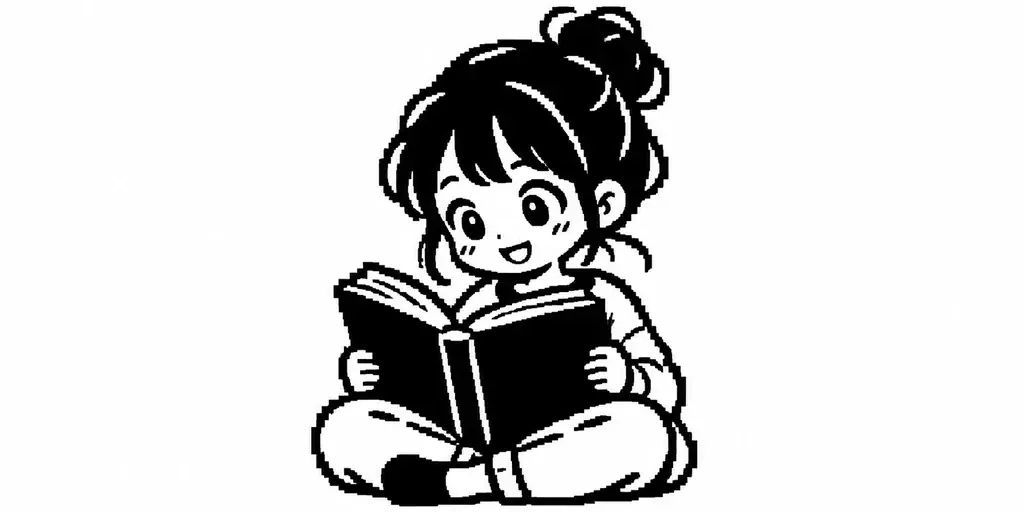 AI-generated pixel art: a girl with a hair bun reading a book