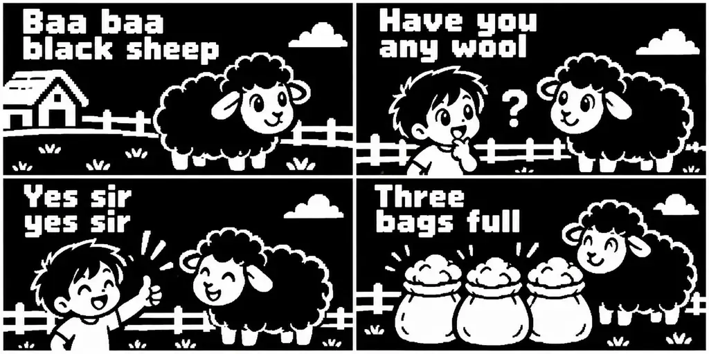 AI-generated four-panel pixel art comic strip: a boy and a black sheep