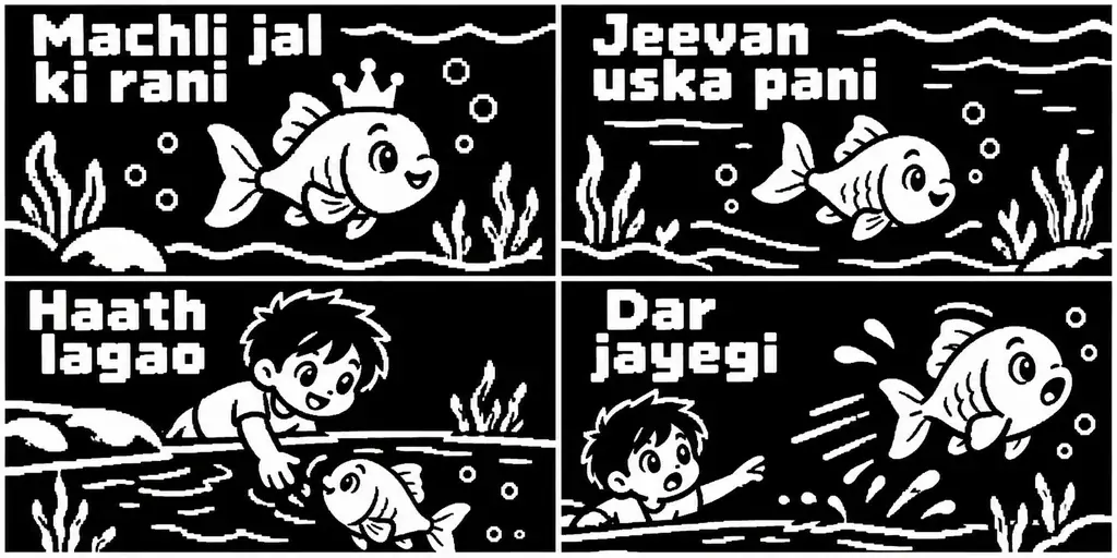 AI-generated four-panel pixel art comic strip: a fish and a boy