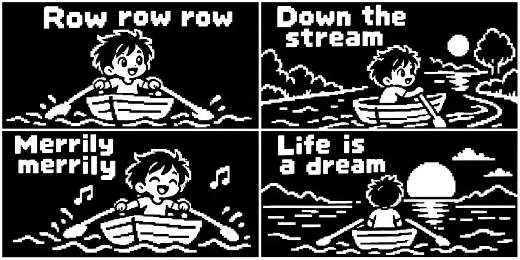 AI-generated four-panel pixel art comic strip: a boy rowing a boat