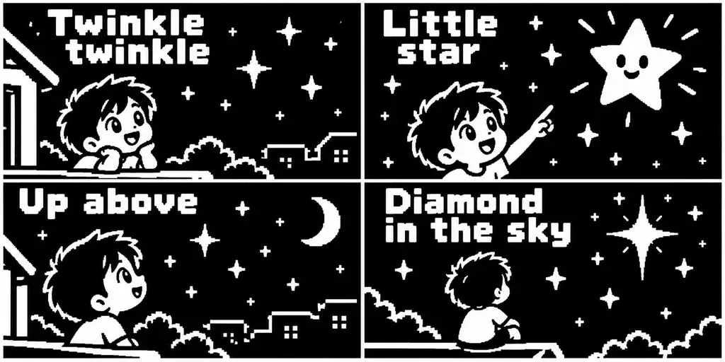 AI-generated four-panel pixel art comic strip: a boy looking at stars