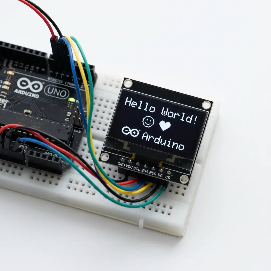 Close-up product photography of a monochrome 0.96 inch SSD1306 OLED screen rendering the text Hello World