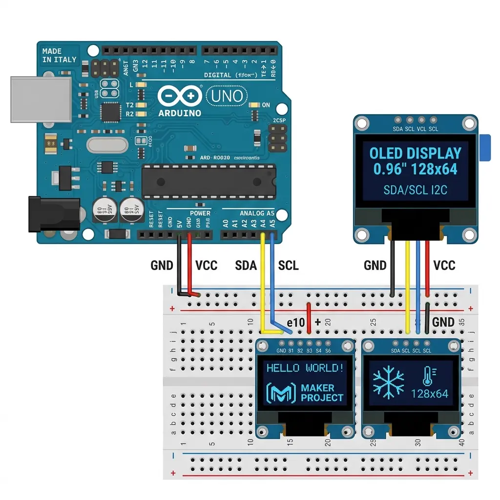 Flat technical illustration of an Arduino Uno board wired to a 0.96 inch blue OLED display via colorful jumper cables