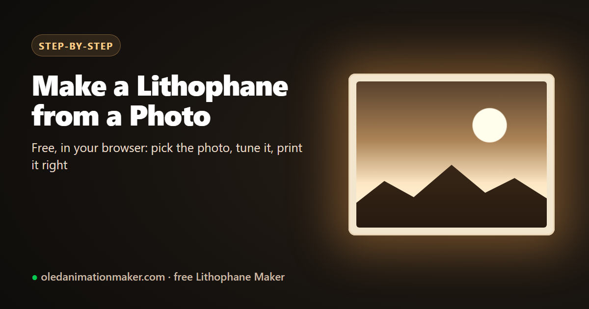 How to make a lithophane from a photo: a backlit 3D printed panel glowing with a mountain and moon picture