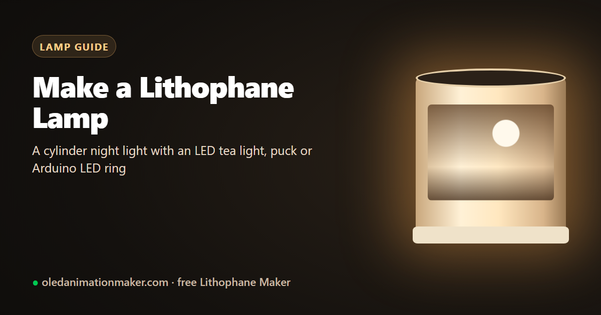 Cylinder lithophane lamp glowing warm with a photo wrapped around it, lit by an LED inside