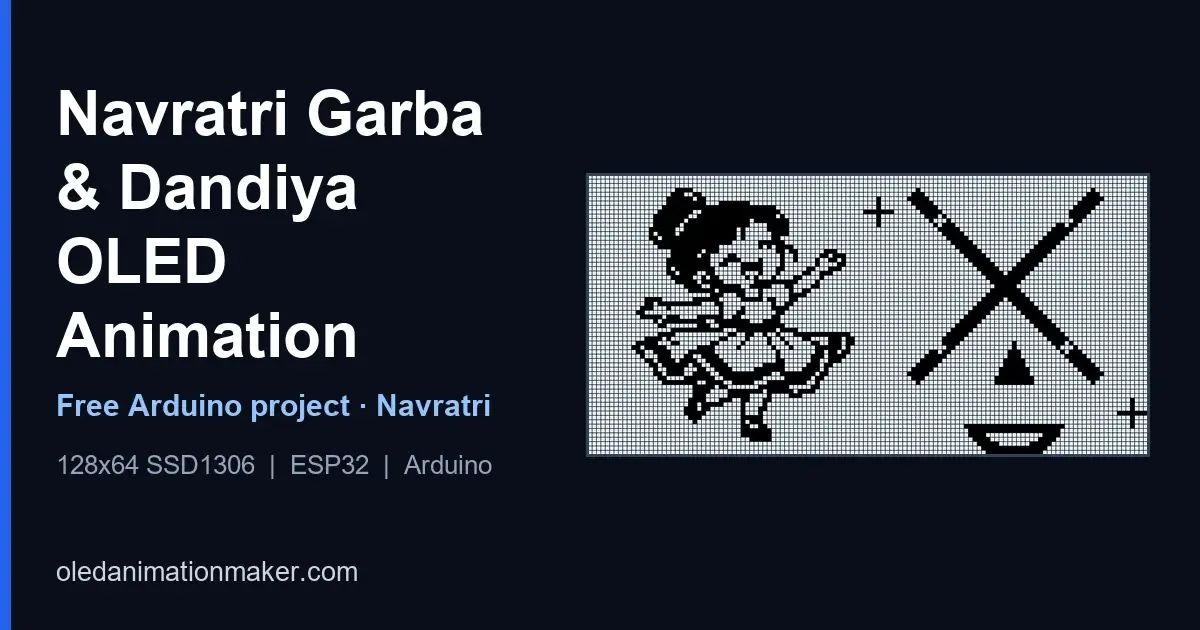 Pixel art of a girl dancing garba next to crossed dandiya sticks and a diya lamp, for the post Navratri Garba & Dandiya OLED Animation