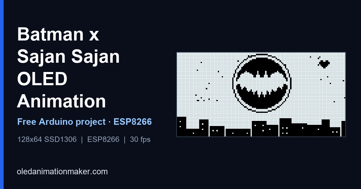 1-bit pixel art of a bat silhouette inside a moon above a city skyline on a gridded OLED panel, the cover for Batman x Sajan Sajan OLED Animation