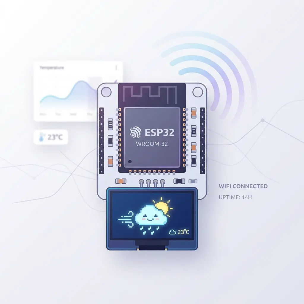 Detailed ESP32 development chip playing a pixel-art weather animation on a tiny connected OLED with IoT dashboard accents