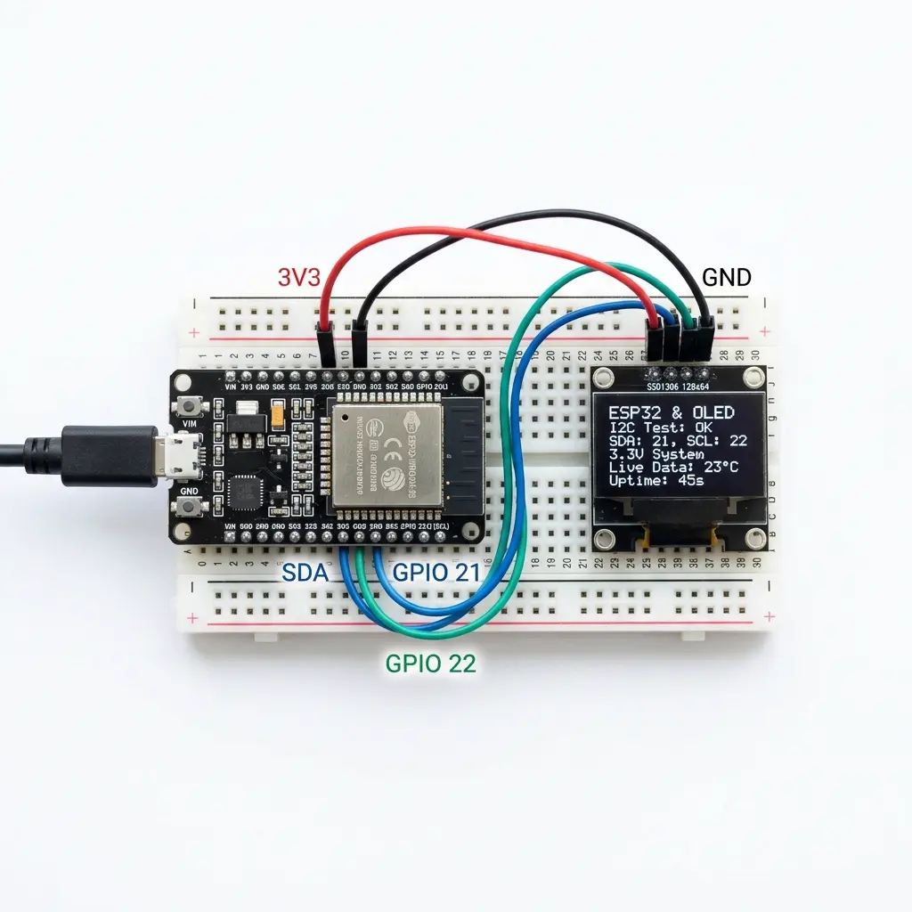 High-detail flat schematic illustration of an ESP32 micro-controller board wired to a 0.96 inch blue OLED display
