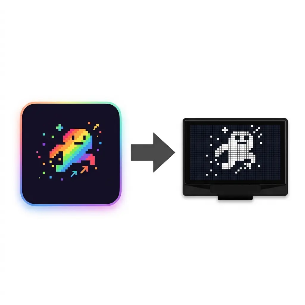 Split interface comparison showing a colorful GIF icon on the left transforming into a crisp monochrome OLED pixel animation on the right