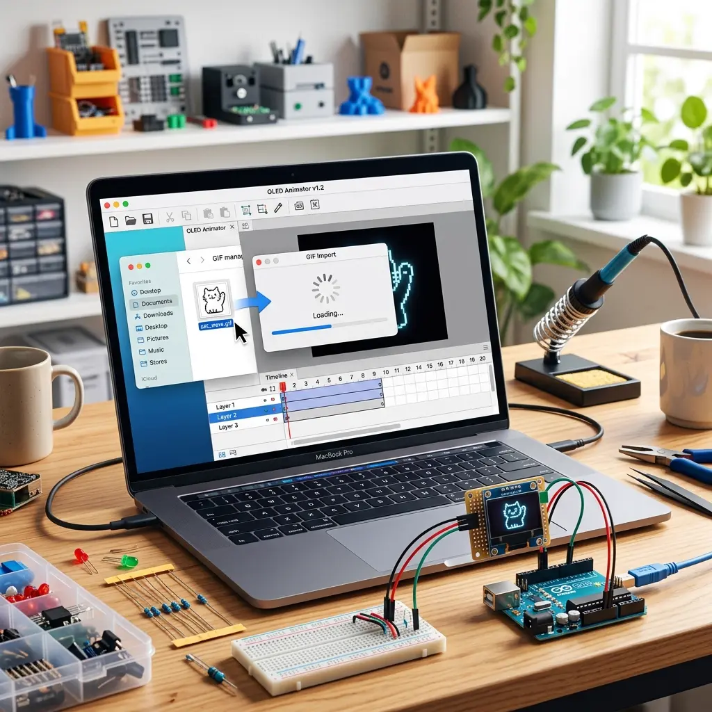 Laptop screen showing OLED animation maker editor with drag and drop workflow for live hardware preview