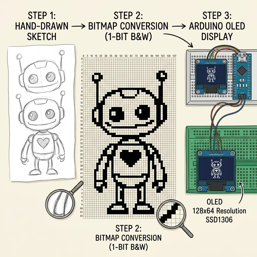 An educational pixel art grid infographic illustrating a digital image converting to 1-bit sharp black and white bitmap coordinates