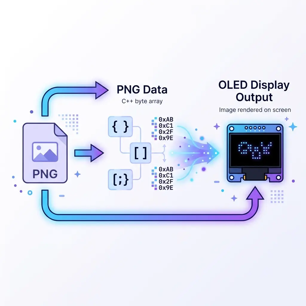 Clean infographic flow diagram showing a digital PNG image transforming into C++ byte array hex code brackets and an OLED preview