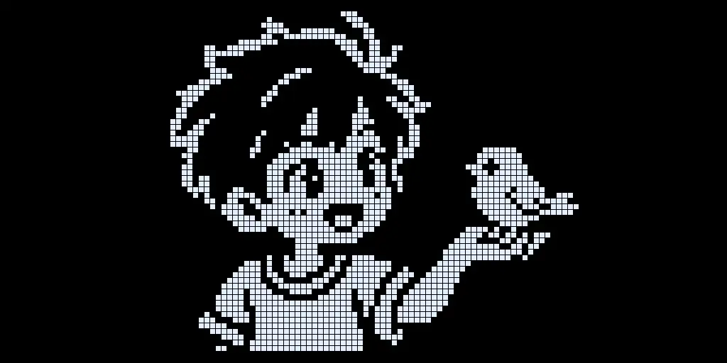 The same image at 128x64 pixels shown as an OLED grid