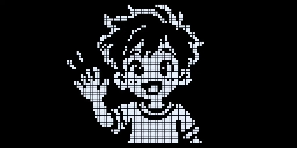 The same image at 128x64 pixels shown as an OLED grid