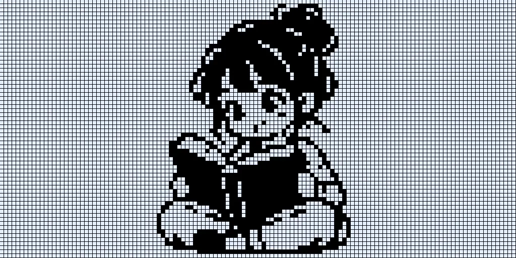 The same image at 128x64 pixels shown as an OLED grid