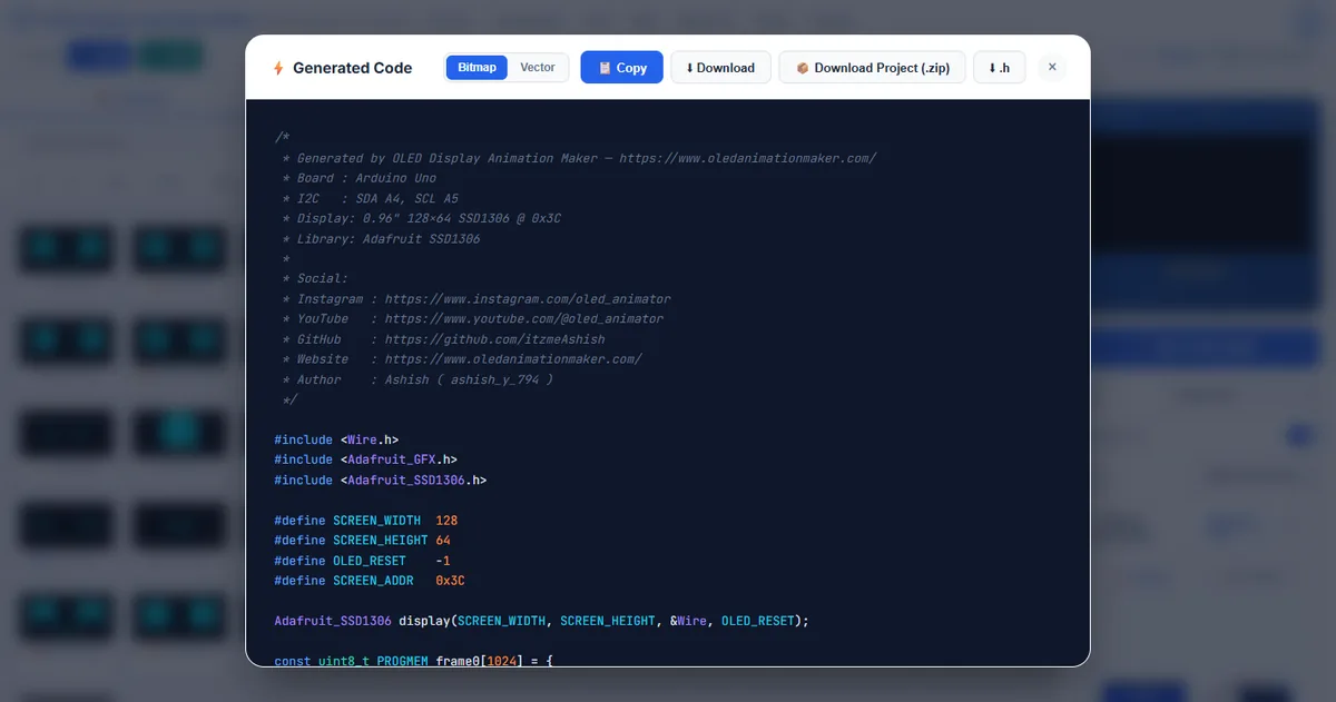 Generated Arduino code window in OLED Animation Maker with Adafruit SSD1306 includes and PROGMEM frames