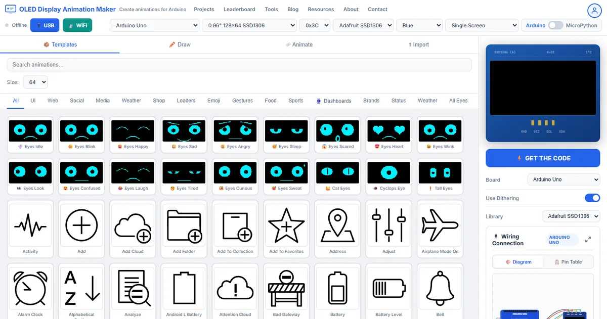OLED Animation Maker templates tab with eyes, icons and UI animations ready to preview on an SSD1306