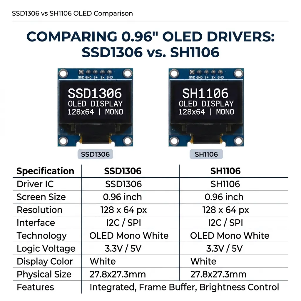 Side-by-side technical drawing of two 0.96 inch OLED displays comparing the SSD1306 and SH1106 display driver controllers