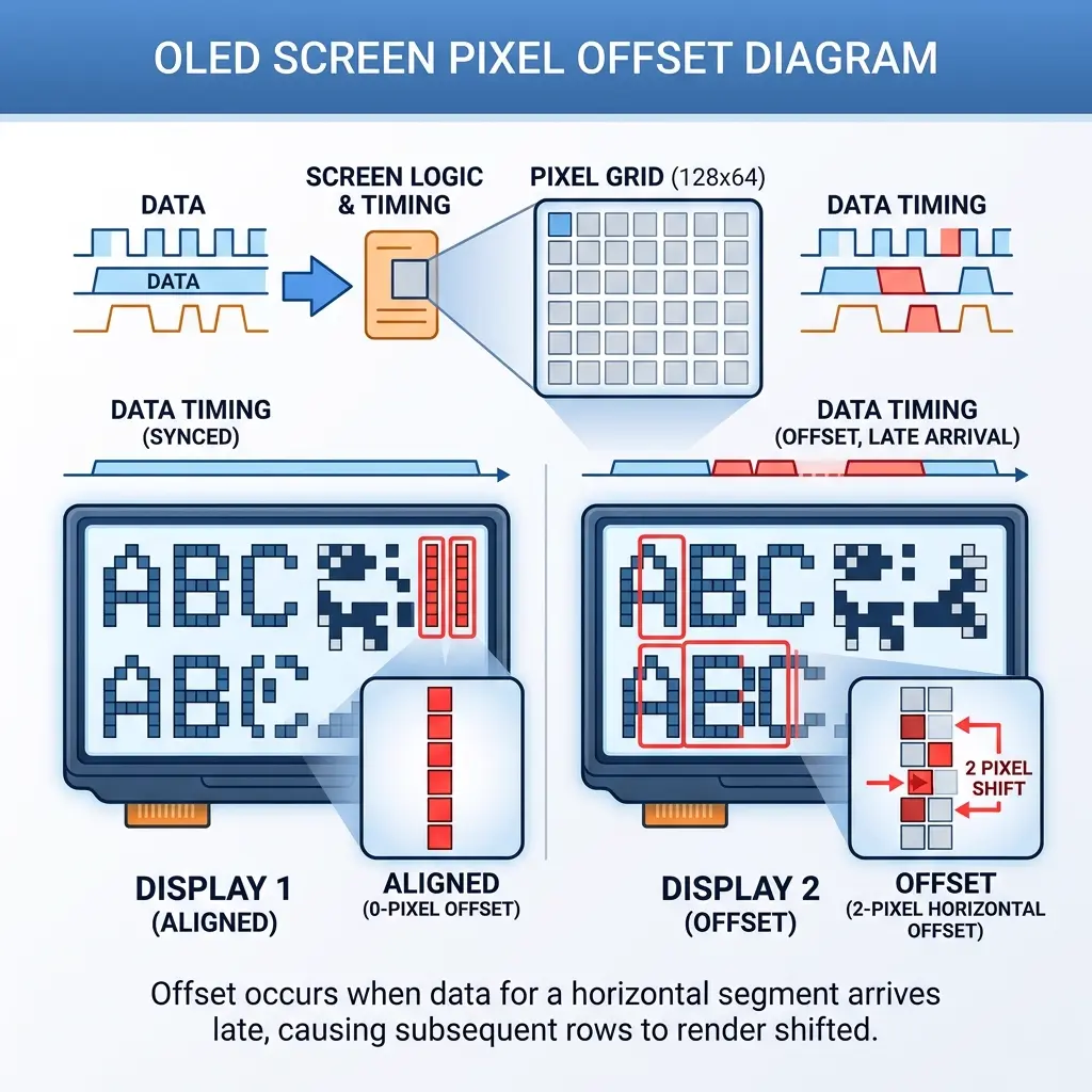 Technical comparative chart showing SSD1306 correct centering versus SH1106 2-pixel column alignment shift