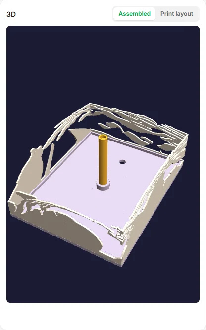 3D preview of the assembled shadow box lamp with LED tube and cut wall panels