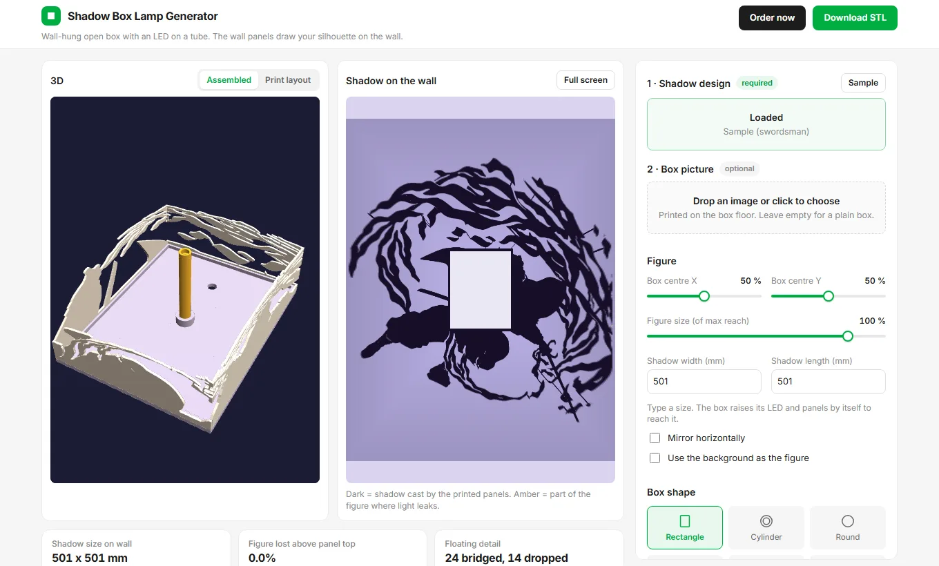 Shadow Box Lamp Generator tool with a 3D preview, wall shadow preview and STL download