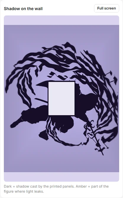 Wall shadow preview of a swordsman silhouette in the shadow lamp generator
