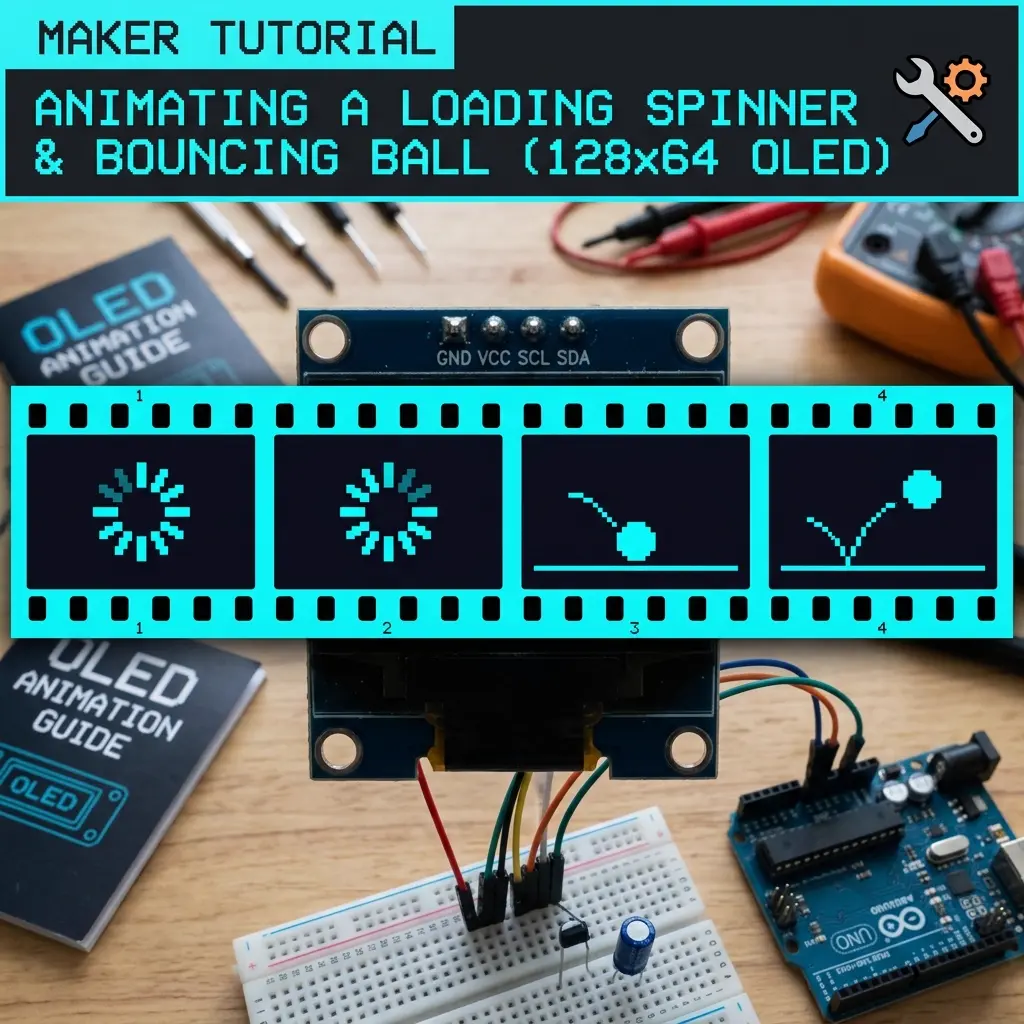 A linear sequence of four monochrome animation frames showing a film strip loading spinner and bouncing ball pixel art