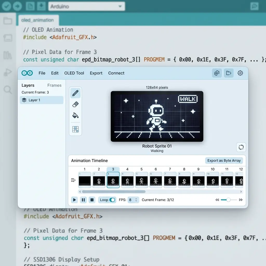Sleek dark UI mockup showing a pixel art animation timeline with multiple frames and SSD1306 OLED live preview in the center