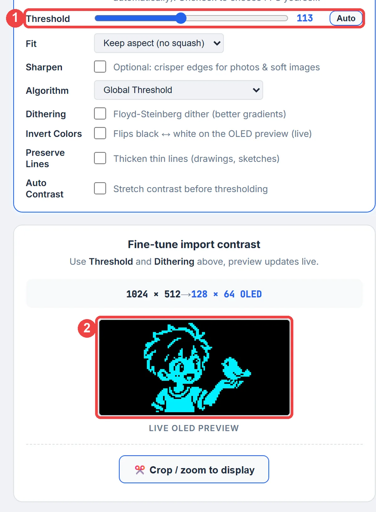 The import options with the Threshold row highlighted and the live OLED preview of a pixel art boy holding a bird