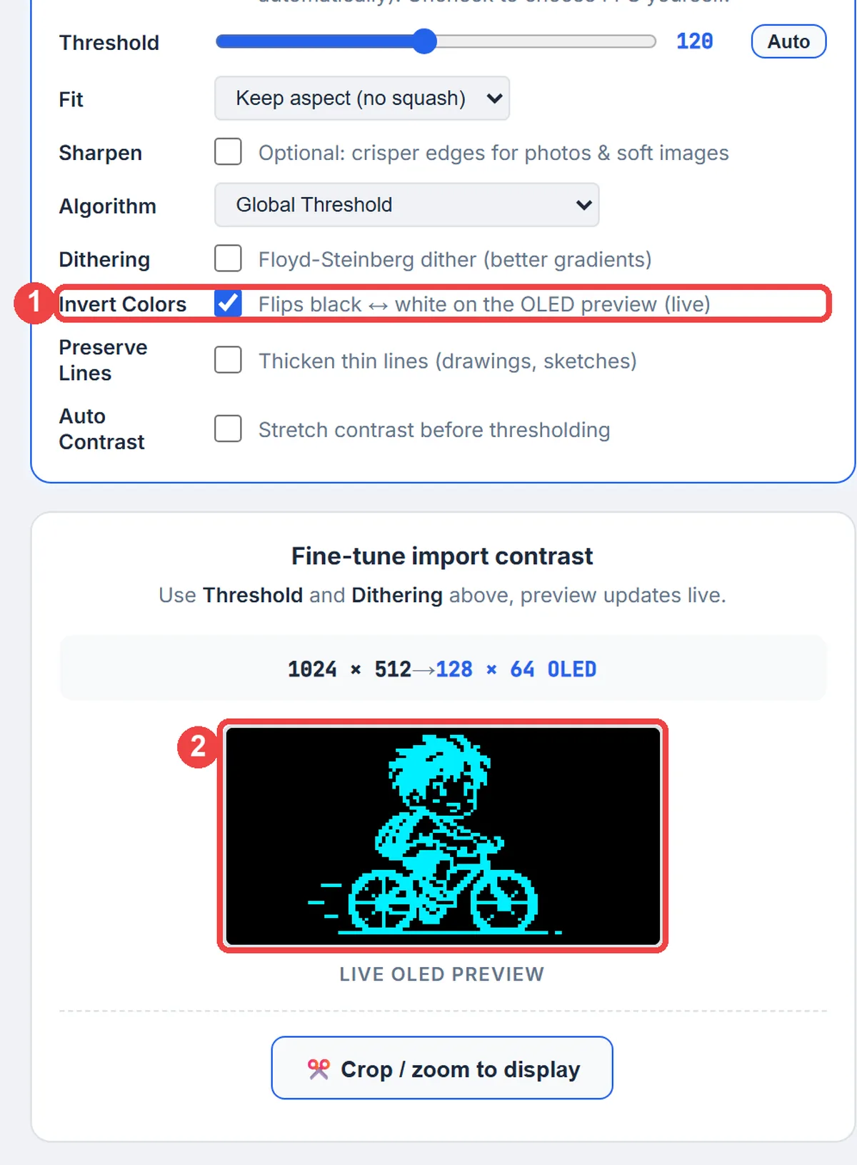 The import options with Invert Colors ticked and the live preview showing a boy on a bicycle as lit pixels on a dark screen