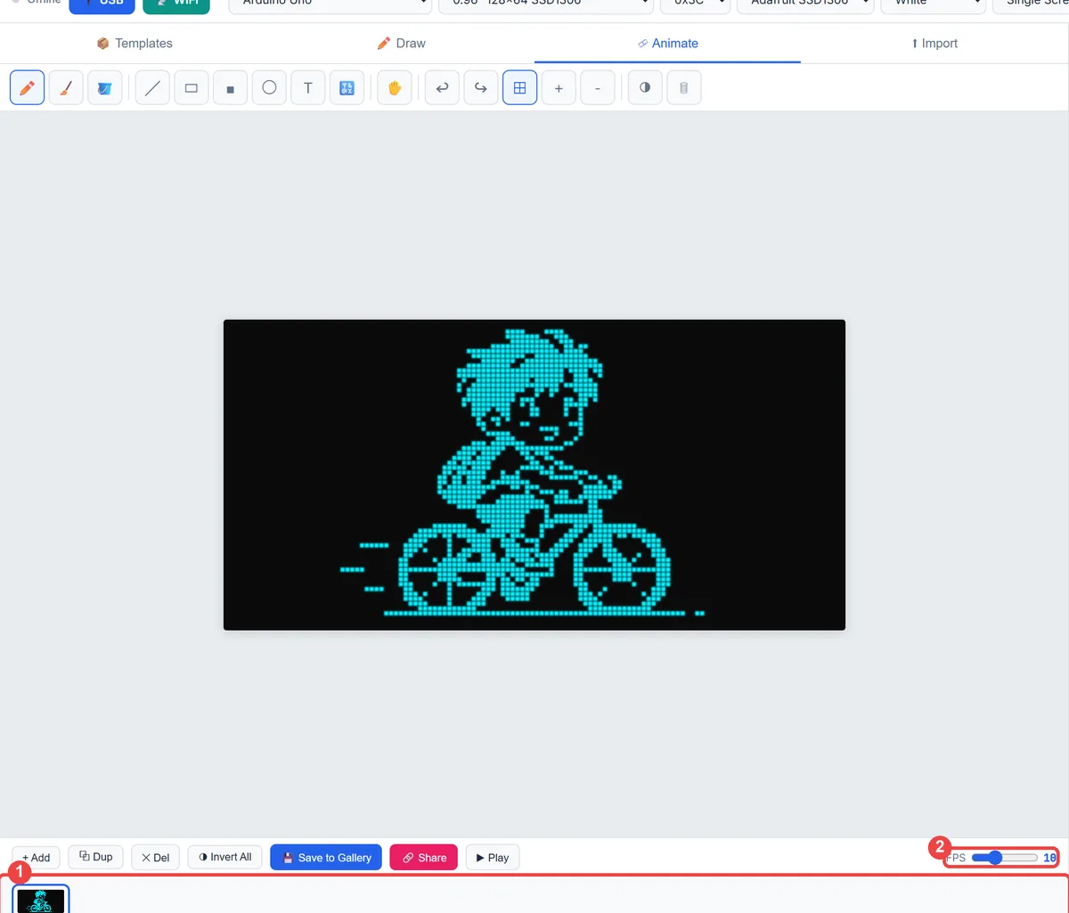 The Animate tab of OLED Animation Maker showing the imported picture on the 128 by 64 grid, with the frame strip and the FPS slider highlighted
