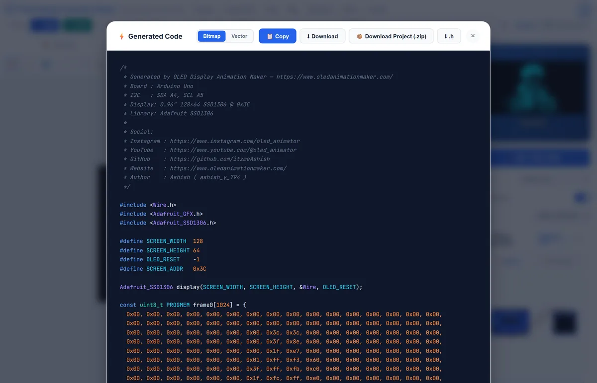 The Generated Code window with the Bitmap and Vector tabs and the Copy, Download, Download Project zip and .h buttons