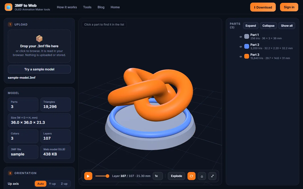 The 3MF to Web converter with a model loaded, showing model stats, orientation, viewer settings and the parts list