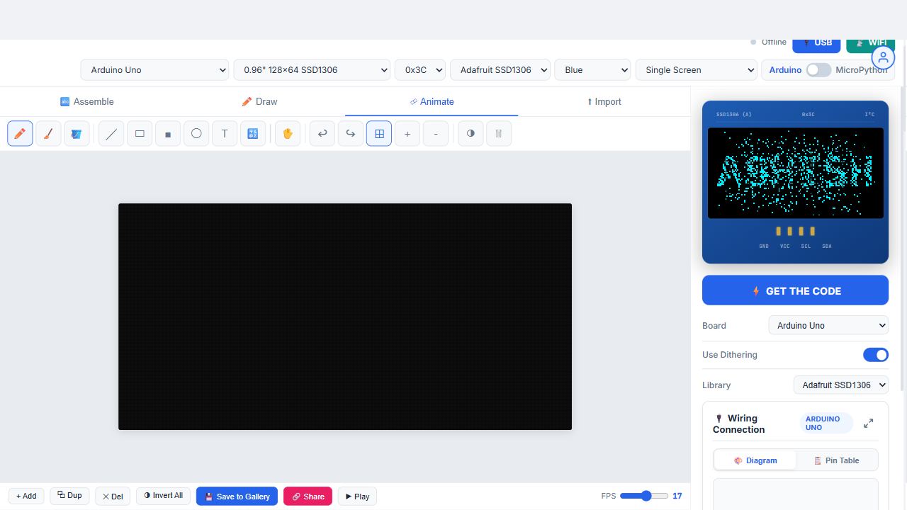 Assemble Studio Animate tab with the timeline bar and the name on the OLED preview