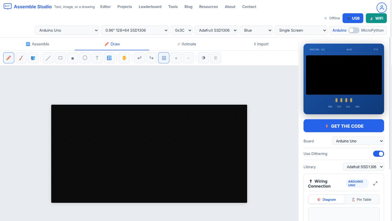 Assemble Studio Draw tab with pencil, shapes, text, and the canvas