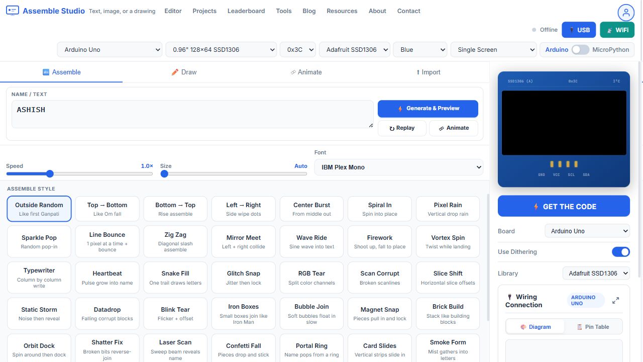 Assemble Studio with the name box, speed and font controls, and the style grid