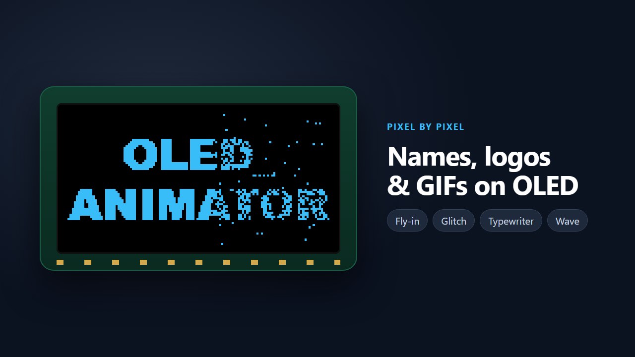 OLED name animation with pixels assembling into the name OLED_ANIMATOR in Assemble Studio