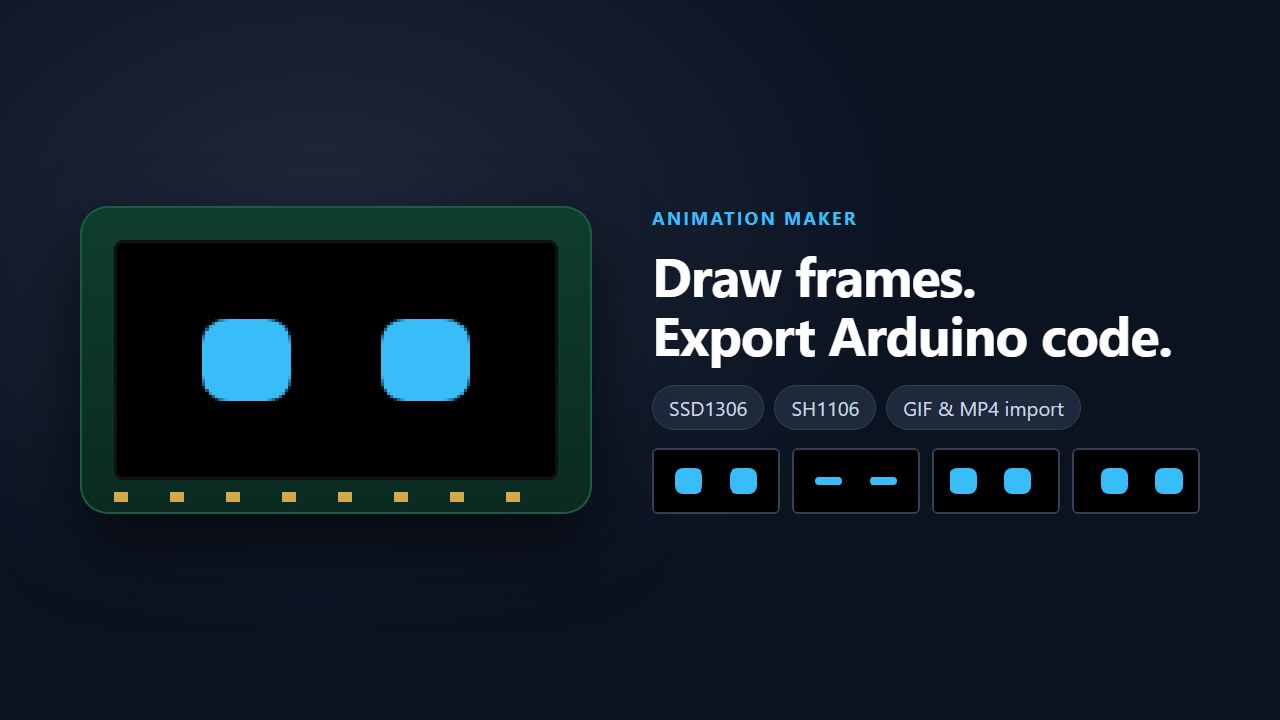 SSD1306 OLED showing animated robot eyes with frame thumbnails, made in the OLED Animation Maker