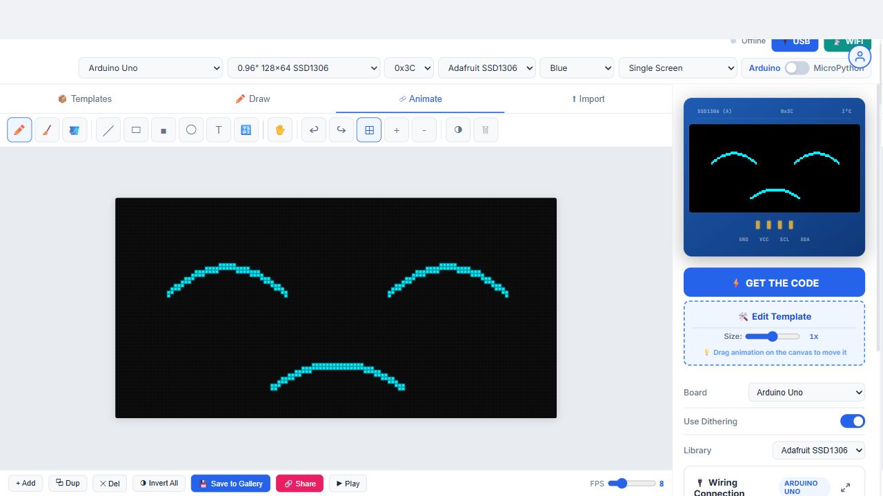 Virtual 128x64 OLED screen in the browser playing an animation