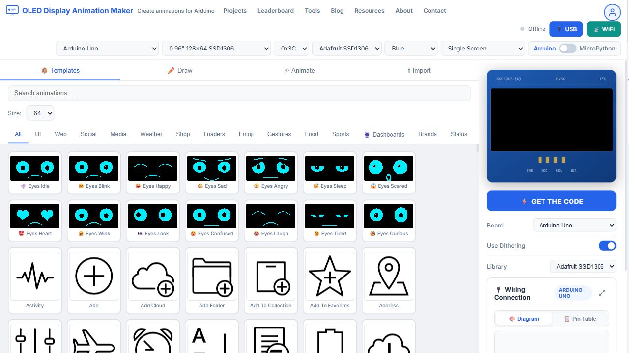 OLED Animation Maker open on the Templates tab, with eye animations and the board preview