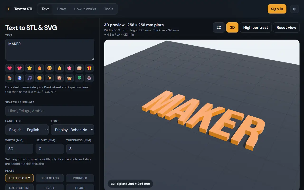 The Text to STL generator with plain 3D letters and no plate