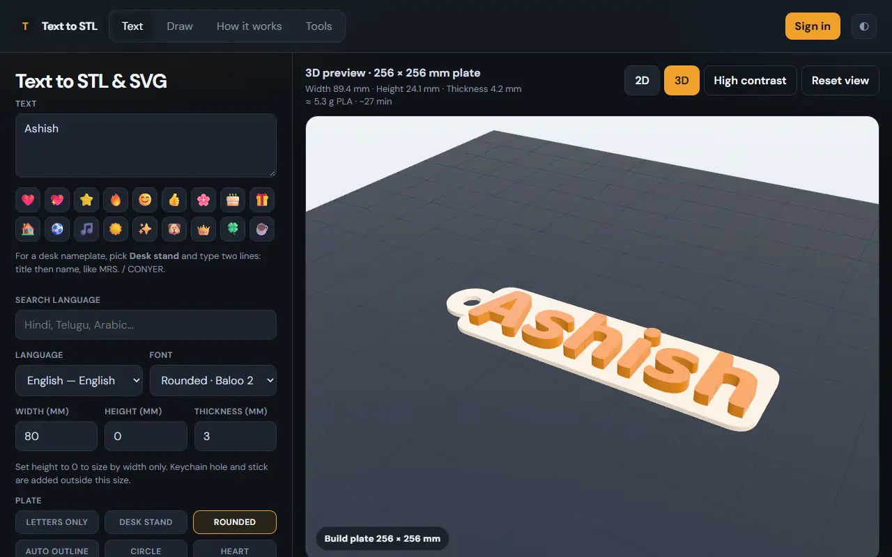 The Text to STL generator with a name keychain on a rounded plate in the 3D preview